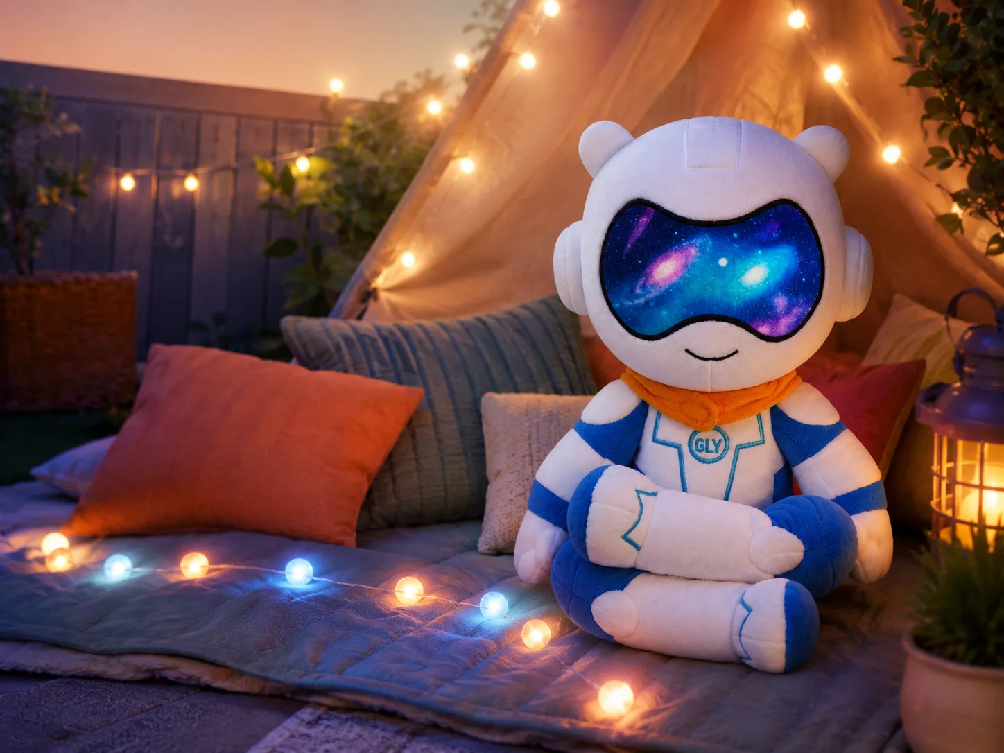 GLY plushie in a cozy lantern-lit tent with a picture book